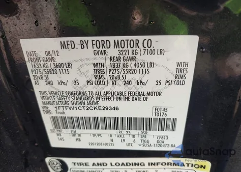 2012 Ford F-150 Lariat z USA, uszkodzony, nr VIN 1FTFW1CT2CKE29346